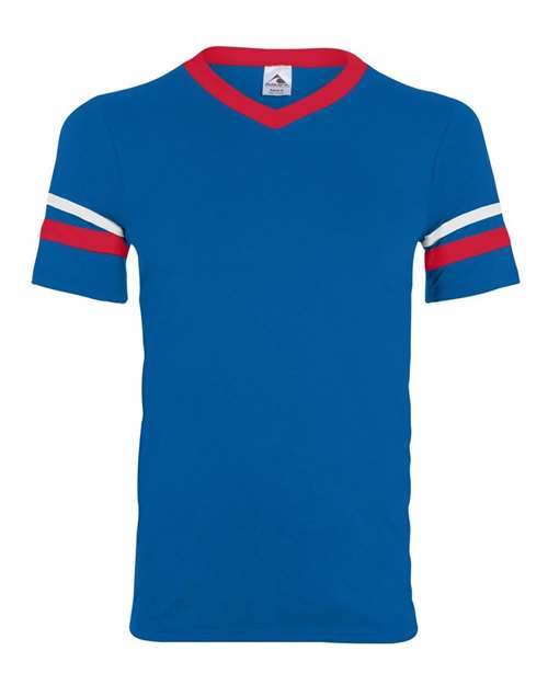 Load image into Gallery viewer, Augusta Sportswear 360 V-Neck Jersey with Striped Sleeves - Royal/ Red/ White
