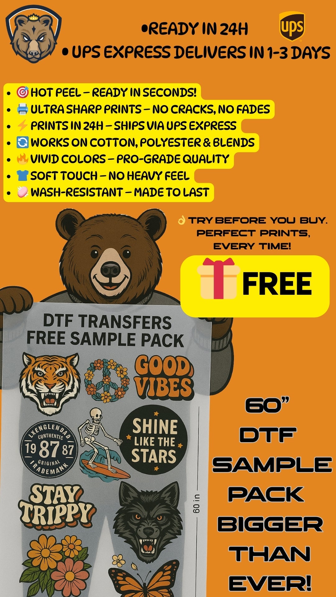 DTF Transfers & UV DTF 3D Stickers Sample Pack – Bear Transfers