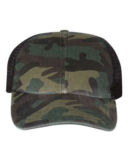 Richardson 111P Garment Washed Printed Trucker Cap - Green Camo/ Black