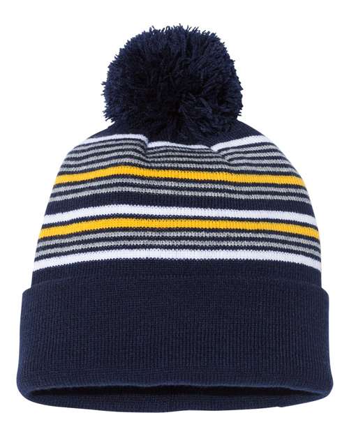 Load image into Gallery viewer, Sportsman SP60 12" Striped Pom-Pom Cuffed Beanie - Navy/ White/ Grey/ Gold
