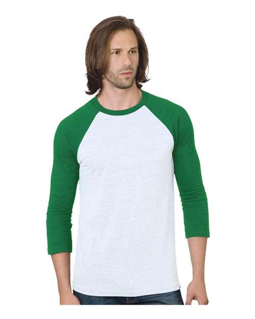 Load image into Gallery viewer, Unisex Triblend Three-Quarter Sleeve Raglan T-Shirt - White/ Kelly
