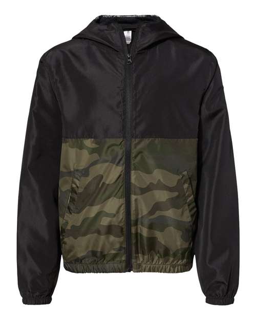 Independent Trading Co. EXP24YWZ Youth Lightweight Windbreaker Full-Zip Jacket - Black/ Forest Camo