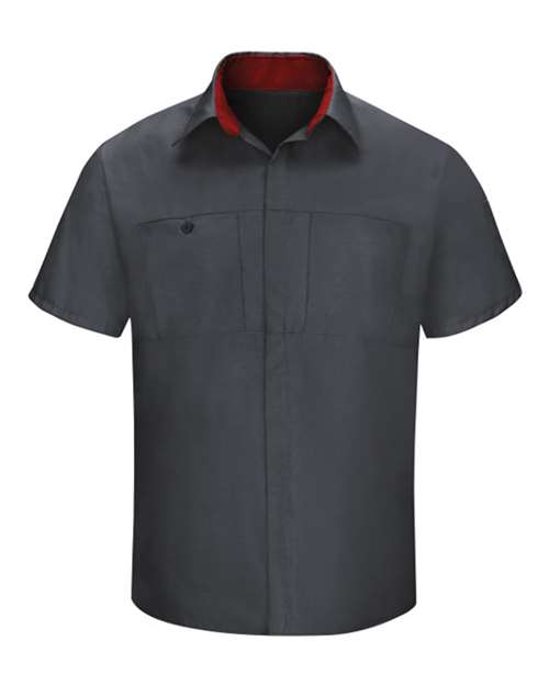 Load image into Gallery viewer, Red Kap SY42 Men's Performance Plus Short Sleeve Shirt With Oilblok Technology - Charcoal/ Fireball Red
