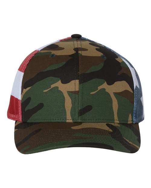 Load image into Gallery viewer, Richardson 112PM Printed Mesh Trucker Cap - Green Camo/ Stars &amp; Stripes
