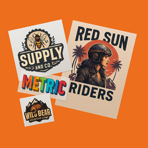 DTF Transfers featuring colorful designs including Red Sun Riders and Supply Co logos on an orange background.