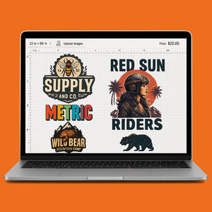 DTF Transfers Gang Sheet Builder displaying various custom logos and designs on a laptop screen.