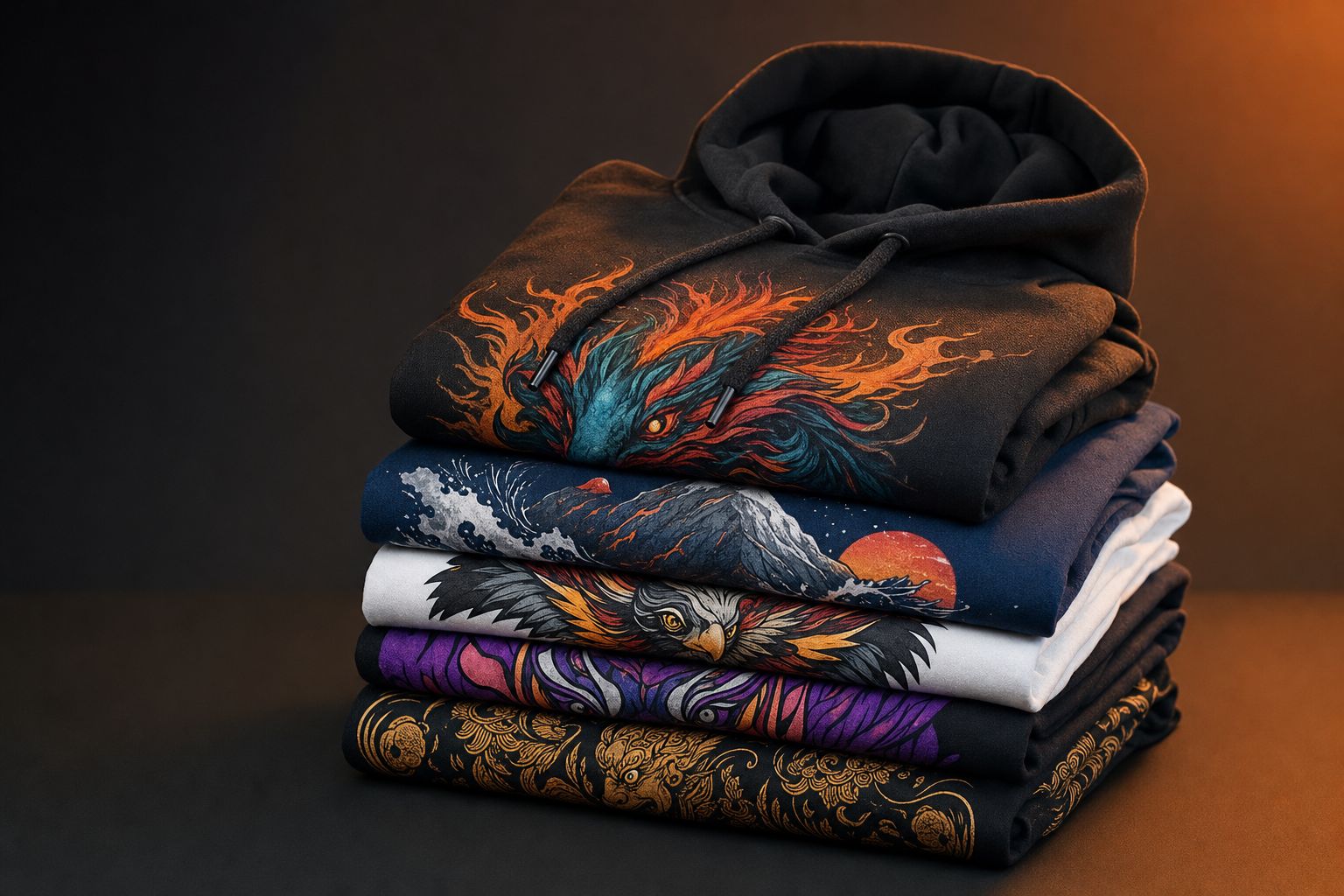 Custom printed t-shirts and hoodie stacked